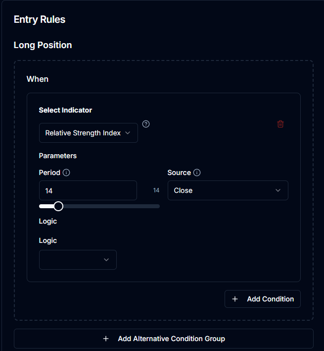 Strategy builder interface showing entry rules configuration