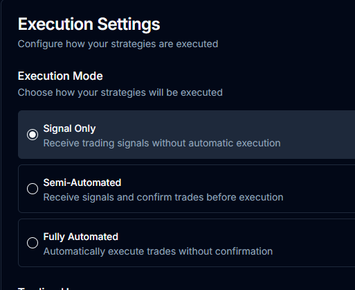 Execution settings interface showing different automation options